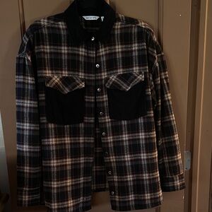 Peace Love World Brown & Cream Plaid Jacket with Black Trim